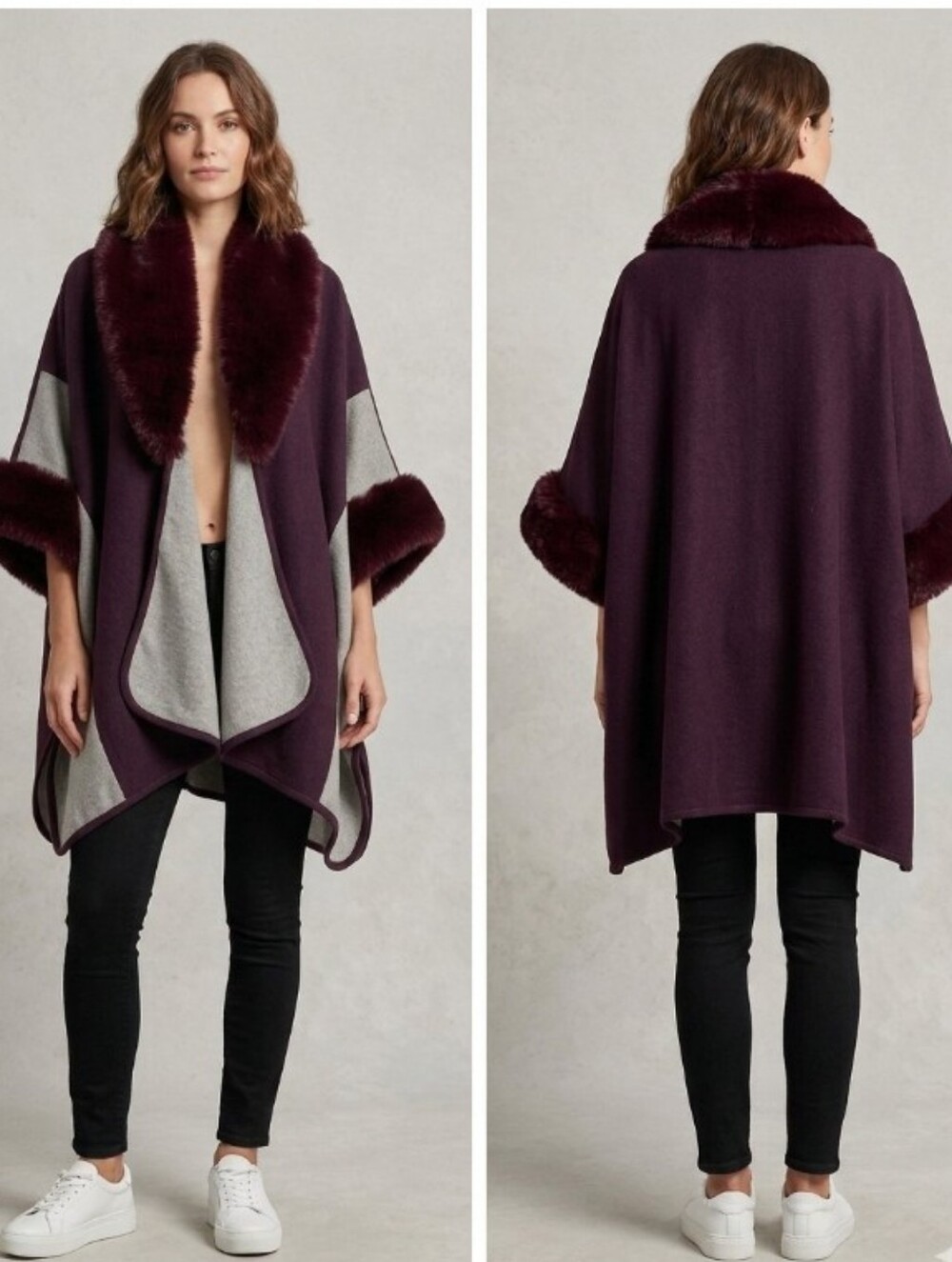 Max Studio Two-Tone Cape with Faux Fur Trim in Plum and Gray